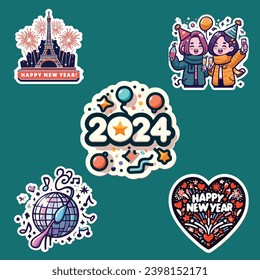 Set of happy new year Party 2024, Holiday stickers, vector, illustrations