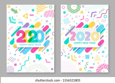 Set of Happy New Year poster, flyer. 2020 Happy New Year greeting card with abstract colored rounded shapes lines and diagonal rhythm and memphis style graphic element. Vector illustration.