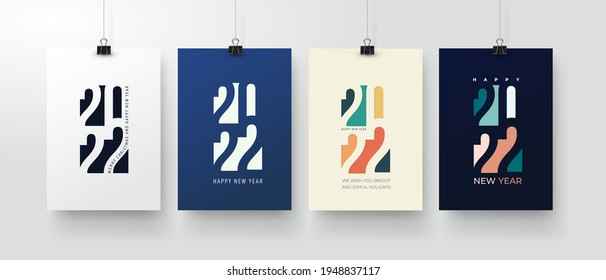 Set of Happy New Year posters, greeting cards, holiday covers. Merry Christmas design templates with typography, season wishes in modern minimalist style for web, social media. Vector illustration.