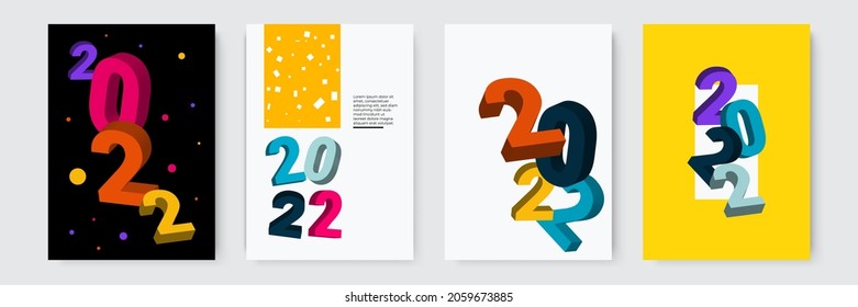 Set of Happy New Year posters, greeting cards, holiday covers. Merry Christmas design templates with typography, season wishes in modern minimalist style for web, social media. Vector illustration.