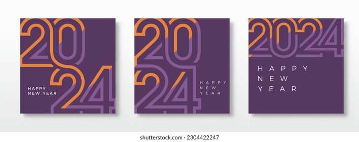 Un juego de alegres afiches de año nuevo. Con delgados números naranja y azul violento. Diseño premium vectorial conjunto de feliz año nuevo 2024 Para saludos, celebración y publicación en medios sociales.