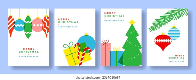 Set of Happy New Year posters. Vector illustration with templates of modern minimalist New Year flyers in risograph style. Collection of greeting cards, posters and covers for branding of Christmas.