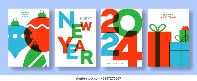 Set of Happy New Year posters. Vector illustration with templates of modern minimalist New Year flyers in risograph style. Collection of greeting cards, posters and covers for branding of Christmas.