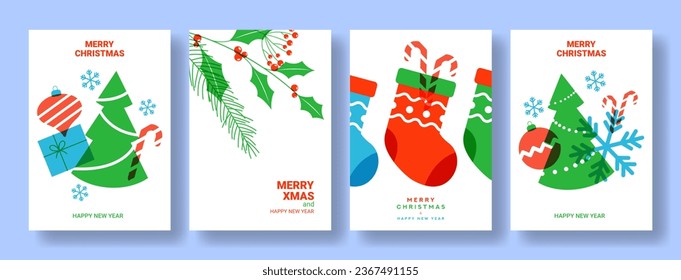 Set of Happy New Year posters. Vector illustration with templates of modern minimalist New Year flyers in risograph style. Collection of greeting cards, posters and covers for branding of Christmas.