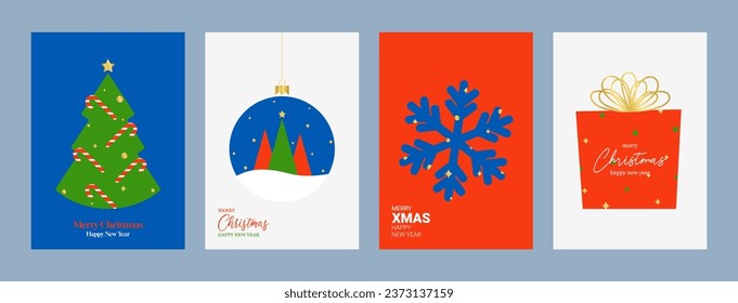 Set of Happy New Year posters. Vector illustration with templates of modern minimalist New Year flyers in flat style. Set of greeting cards, posters, covers for branding of Christmas and New Year.