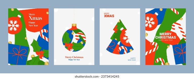 Set of Happy New Year posters. Vector illustration with templates of modern minimalist New Year flyers in flat style. Set of greeting cards, posters, covers for branding of Christmas and New Year.