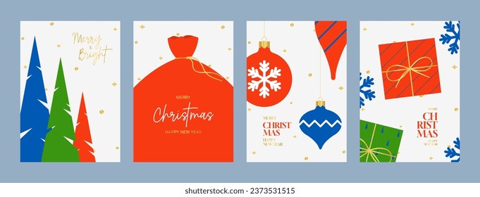 Set of Happy New Year posters. Vector illustration with templates of modern minimalist New Year flyers in flat style. Set of greeting cards, posters, covers for branding of Christmas and New Year.