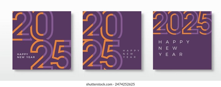 Conjunto de carteles de feliz año nuevo. Con números finos de color naranja y azul violáceo. Conjunto de Vector de diseño de Premium de feliz año nuevo 2025 para el saludo, la celebración y la publicación en redes sociales.