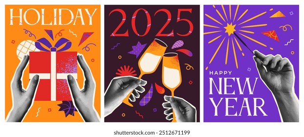 Set of Happy New Year posters in Halftone style. Greeting card with hands holding gift box, champagne glasses and sparkler. Holiday celebration. Cartoon flat vector illustration isolated on background