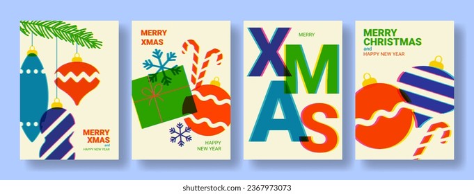 Set of Happy New Year retro posters. Vector illustration with templates of modern minimalist New Year flyers in risograph style. Set of greeting cards, posters and covers for branding of Christmas.