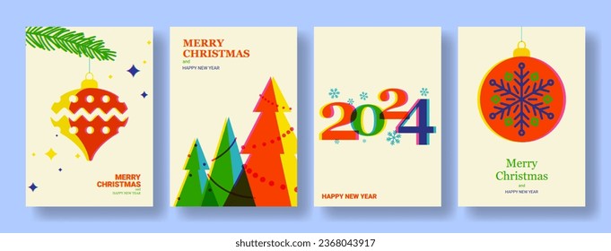 Juego de afiches retro de Feliz Año Nuevo. Ilustración vectorial con plantillas de modernos folletos minimalistas de Año Nuevo en estilo risografo. Juego de tarjetas de felicitación, afiches y portadas para la marca de Navidad.