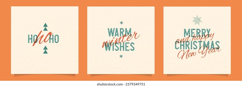 Set of Happy New Year retro risogragh greeting cards. Vector illustration with templates of modern minimalist New Year flyers in riso print style. Set of square posters and covers with vintage text