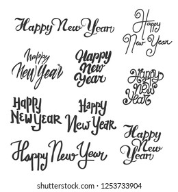 set of "happy new year" text in trendy hand drawn typography