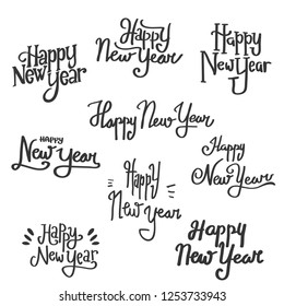 set of "happy new year" text in trendy hand drawn typography