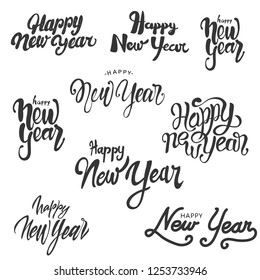set of "happy new year" text in trendy hand drawn typography