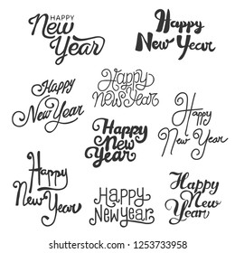 set of "happy new year" text in trendy hand drawn typography