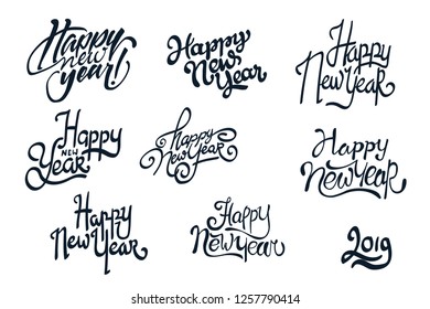 set of "happy new year" text hand lettering vector