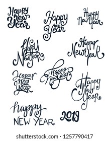 set of "happy new year" text hand lettering vector