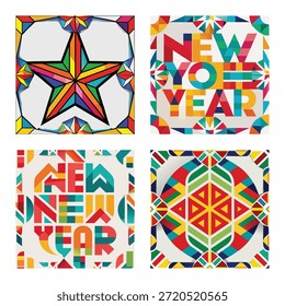 Set of Happy New Year Typography Designs with Colorful Geometric Star Patterns, Vibrant Abstract Mandala Art, and Creative Festive Lettering