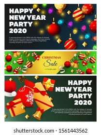 Set of Happy New Year vector brochures, sale flyer. Holiday concept. 2020. Vector illustration can be used for posters, leaflets, announcements