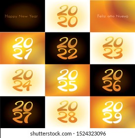 Set of happy new years from 2020 to 2029 in an elegant typographical style, in English and Spanish saying Happy New Year