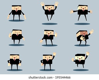 Set of happy office and business man, Black suit with red necktie, Cute cartoon vector