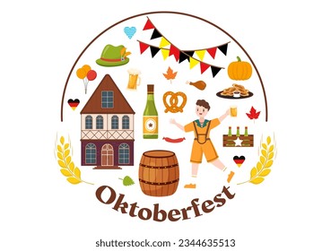 Set of Happy Oktoberfest Festival Elements Vector Illustration with Beer, Sausage, Barrels, Germany Flag and More Cartoon Background Design Templates