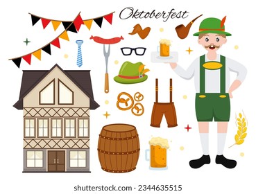 Set of Happy Oktoberfest Festival Elements Vector Illustration with Beer, Sausage, Barrels, Germany Flag and More Cartoon Background Design Templates