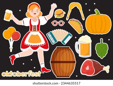 Set of Happy Oktoberfest Festival Elements Vector Illustration with Beer, Sausage, Barrels, Germany Flag and More Cartoon Background Design Templates