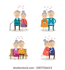 Set of happy old, elder, senior couples in love, hugging and kissing, comic, cartoon vector illustration isolated on white background. Set of cartoon elder, senior couples in love, romantic scenes