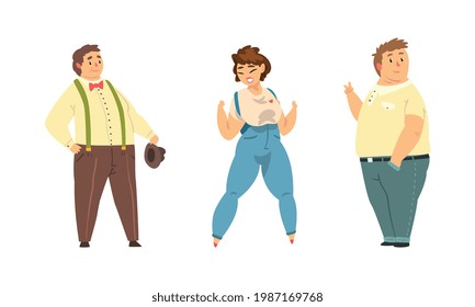 Set of Happy Overweight People, Cheerful Plus Sie Male and Female Characters Wearing Casual Clothes, Body Positive Concept Cartoon Vector Illustration