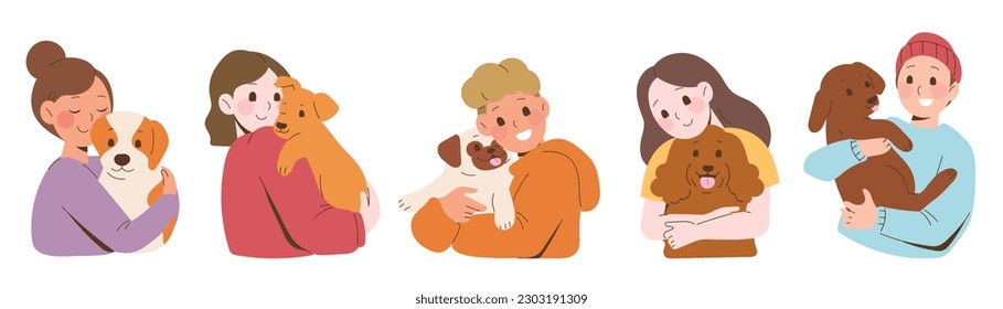 Conjunto de vector de concepto de propietario y mascota Happy. Colección de personajes de caricatura plana con mujeres, hombres abrazando, sostienen a sus perros. Diseño de ilustraciones de perros y pueblos para decoración, portada, sitio web, afiche.