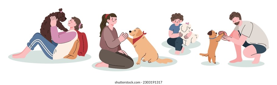 Set of Happy owner and pet concept vector. Flat cartoon characters collection with women, men hugging, dog training. Dog and peoples illustration design for decoration, cover, website, poster.