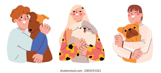 Set of Happy owner and pet concept vector. Flat cartoon characters collection with women, men hugging, hold their dogs. Dog and peoples illustration design for decoration, cover, website, poster.