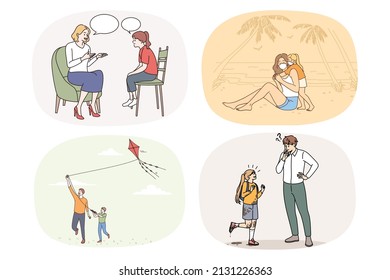 Set of happy parent relax enjoy time with small kid show love and care. Collection of mom or dad play rest with little child. Parenthood and childhood concept. Vector illustration. 