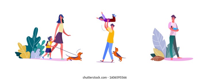 Set of happy parents with children. Flat vector illustrations of mother walking with son, father playing with child. Family concept for banner, website design or landing web page