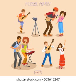  Set of happy parents and children playing music, singing, dancing and recording video.Vector