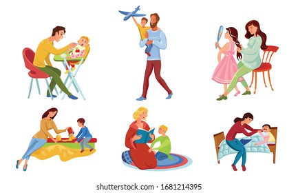 Set of happy parents and children spend time together. Vector illustration in flat cartoon style.