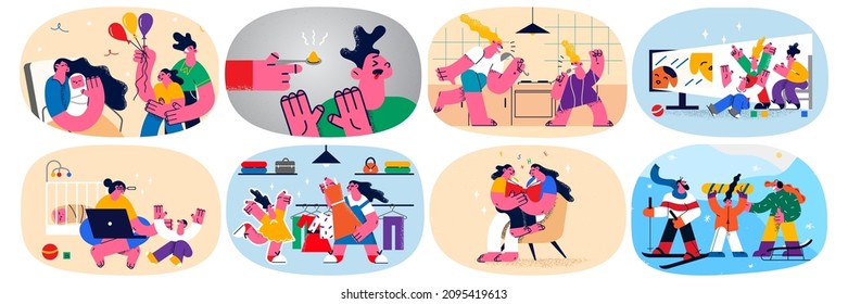 Set of happy parents have fun play with small children at home. Collection of family with kids relax on weekend or leisure time. Parenthood concept. Childcare and upbringing. Vector illustration. 