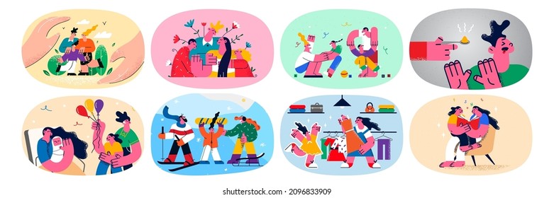 Set of happy parents with kids play and study together. Collection on father and mother enjoy happy life with small children. Childbirth and upbringing concept. Flat vector illustration. 