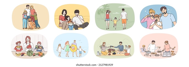 Set of happy parents with small children have fun enjoy spending time together. Collection of loving smiling family with kids daily life. Vacation and holidays. Relative unity. Vector illustration. 