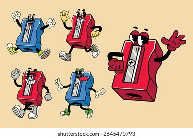Conjunto de Afiador de Lápis Feliz em vários Poses Personagem Ilustração estilo Retro