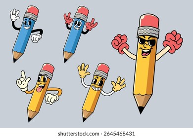 Set of Happy Pencil in Various Poses Character Cartoon Illustration Retro style