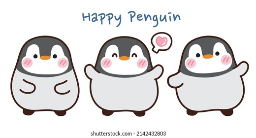 Set of happy penguin in various poses hand drawn on white background.Cute cartoon character doodle design.Animal kawaii style.Flat design.Vector.Illustration.