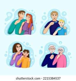 Set of happy people brushing teeth on light background