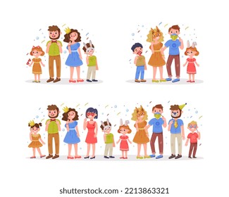 Set of happy people in carnival masks. Families celebrating holidays and having fun at carnival party cartoon vector illustration