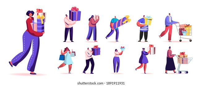 Set of Happy People Carry Wrapped Gift Boxes. Male and Female Characters Prepare for Christmas. Men and Women Buying Presents for Family or Friends Isolated on White Background. Cartoon Illustration