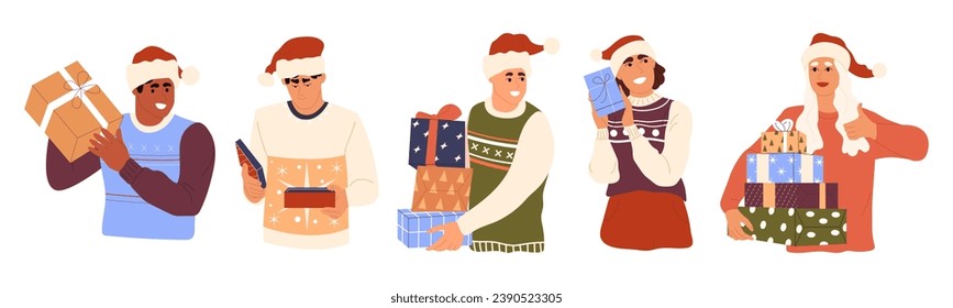 Set of happy people with Christmas gifts. Male and female characters holding and carrying wrapped Xmas giftboxes. Men and women receiving New Year presents. Flat vector illustrations