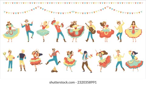 Set of happy people dancing at Brazil June Festival, Festa Junina folklore party cartoon vector illustration