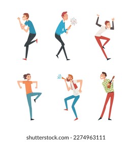 Set of happy people dancing and having fun at birthday party cartoon vector illustration